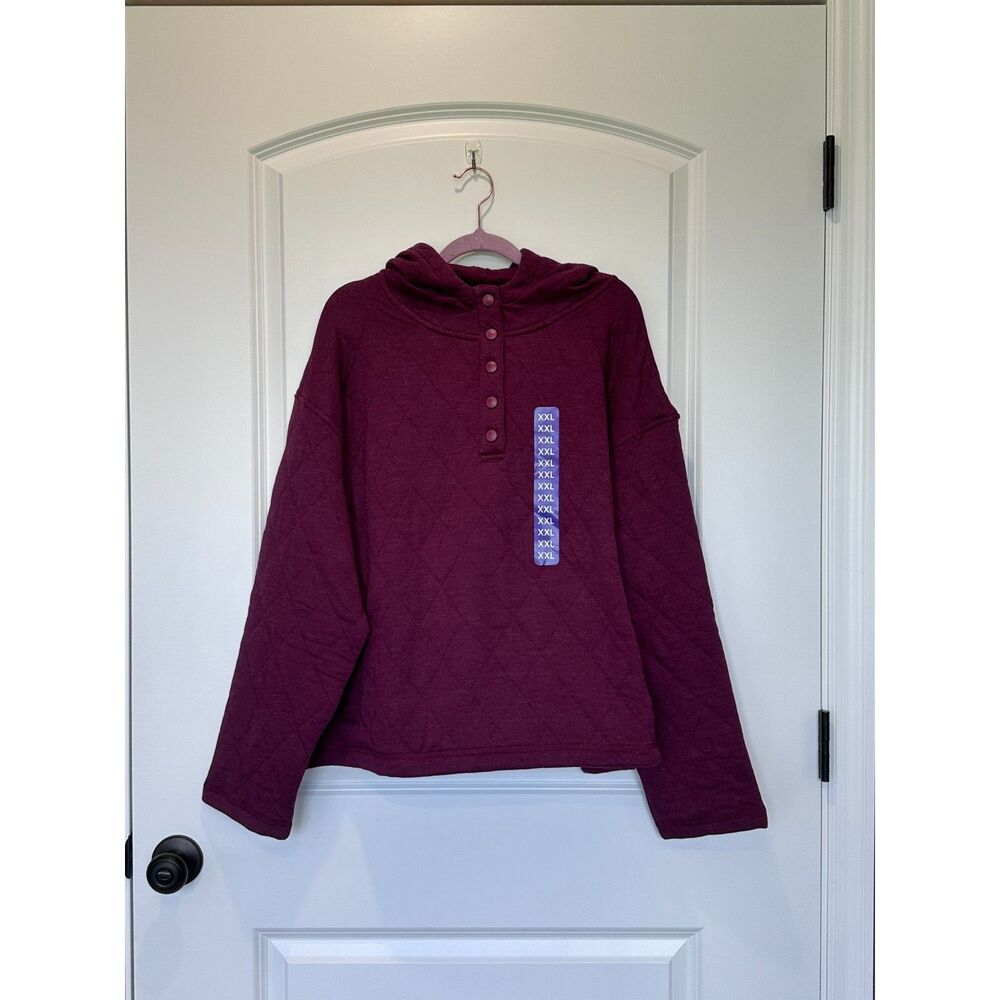 NWT Lands' End Quilted Pullover Hoodie Sweatshirt Burgundy Size XXL
